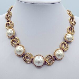 Vintage Napier Gold Tone Faux Pearl Choker Necklace 16”